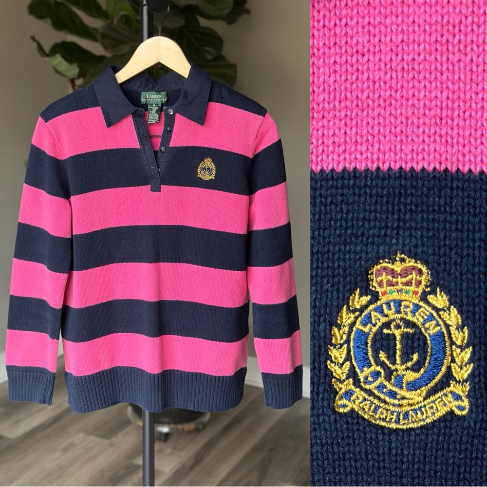 Lauren Ralph Lauren Pink Navy Striped Collared Rugby Long Sleeve Sweater Shirt - Picture 3 of 12
